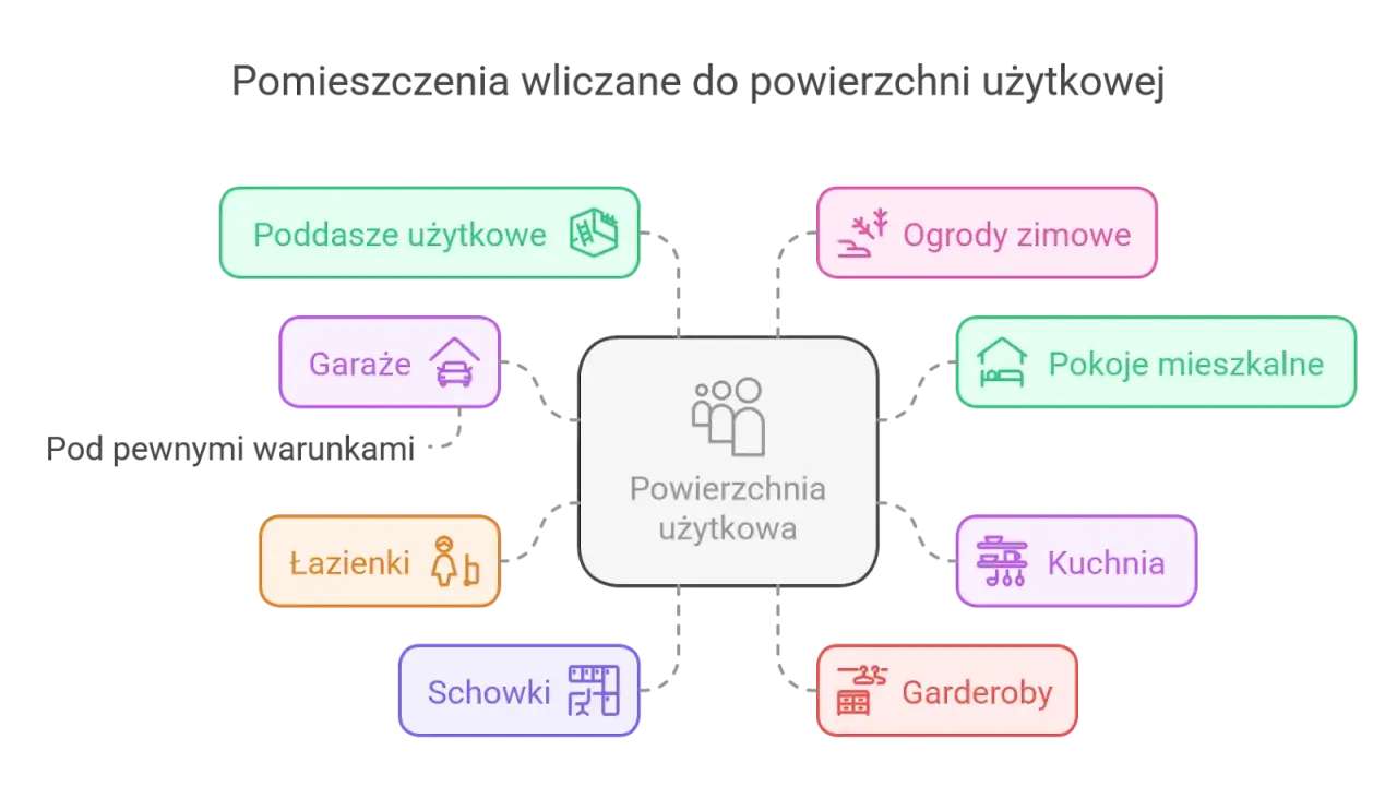 Diagram pokazuje, które pomieszczenia wliczają się do powierzchni użytkowej. Czy garaż wlicza się do powierzchni użytkowej? Tak, pod pewnymi warunkami.