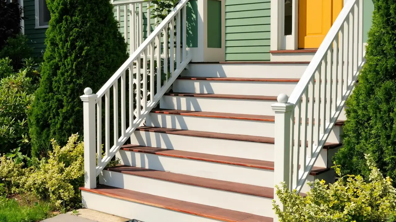 Eleganckie schody zewnętrzne z białymi balustradami i drewnianymi stopniami. Inspiracje na schody zewnętrzne, które dodadzą uroku każdemu domowi.
