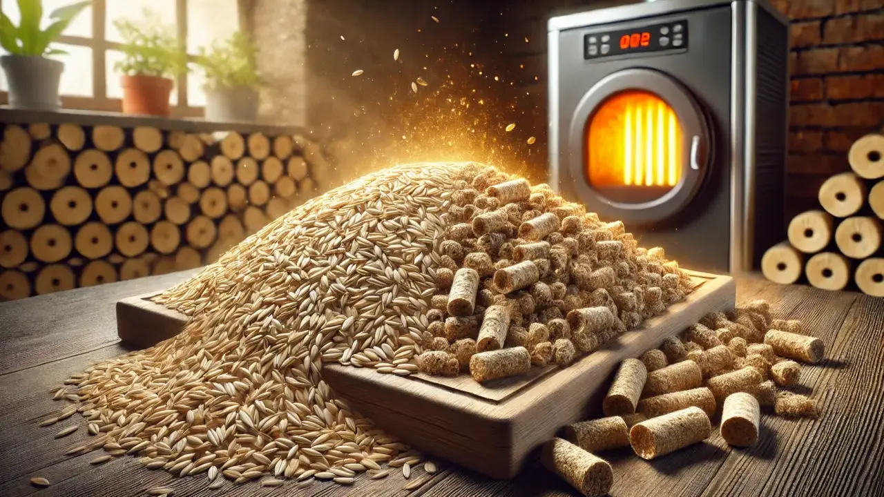 Góra owsa i pelletu obok pieca. Odkryj potencjał wartości opałowej owsa jako ekologicznego paliwa.