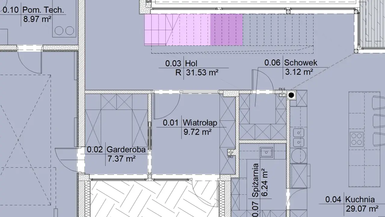 Plan domu z zaznaczonymi pomieszczeniami: hol, garderoba, wiatrołap, spiżarnia, kuchnia, schowek i pomieszczenie techniczne. Całkowita powierzchnia użytkowa domu jest widoczna na planie.