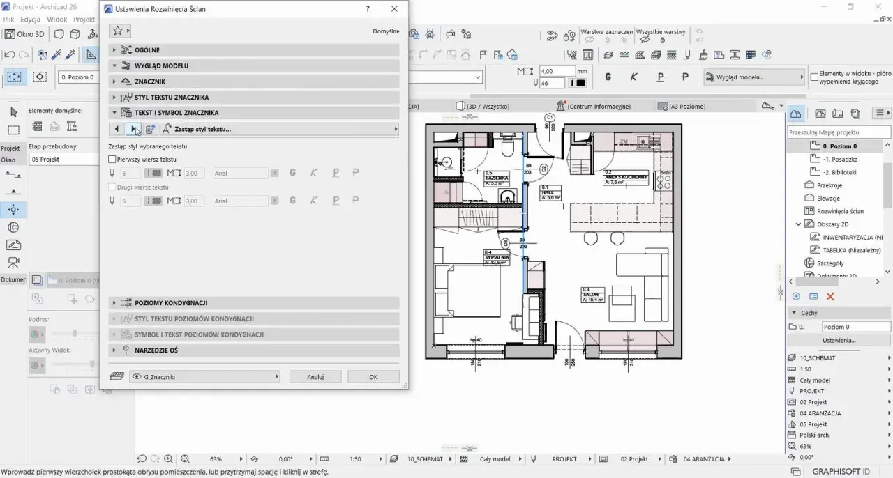 Program do projektowania domu Archicad, z widokiem planu mieszkania i panelami ustawień tekstu i symboli.