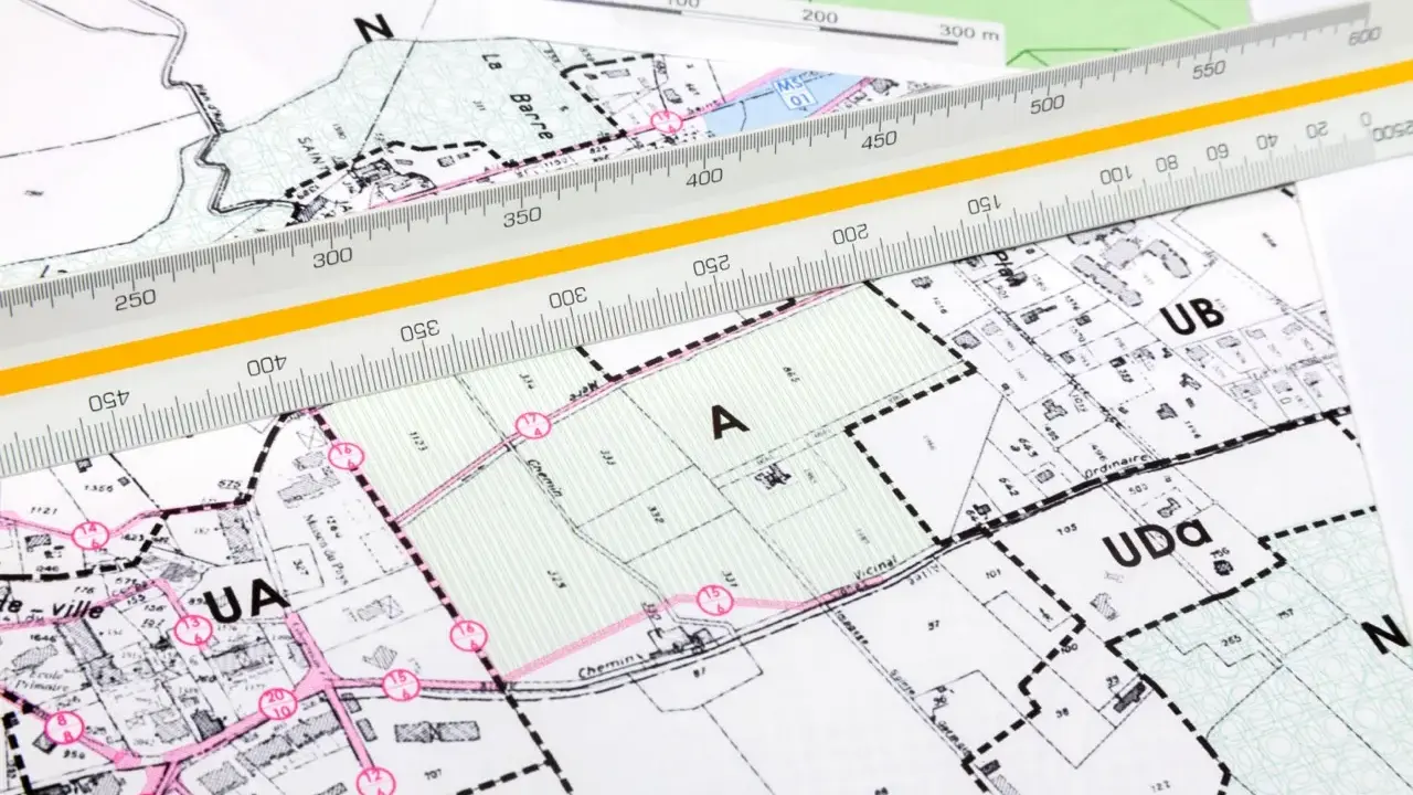 Plan zagospodarowania przestrzennego z naniesionymi strefami i podziałami. Linijka geodezyjna pomaga w precyzyjnym pomiarze.