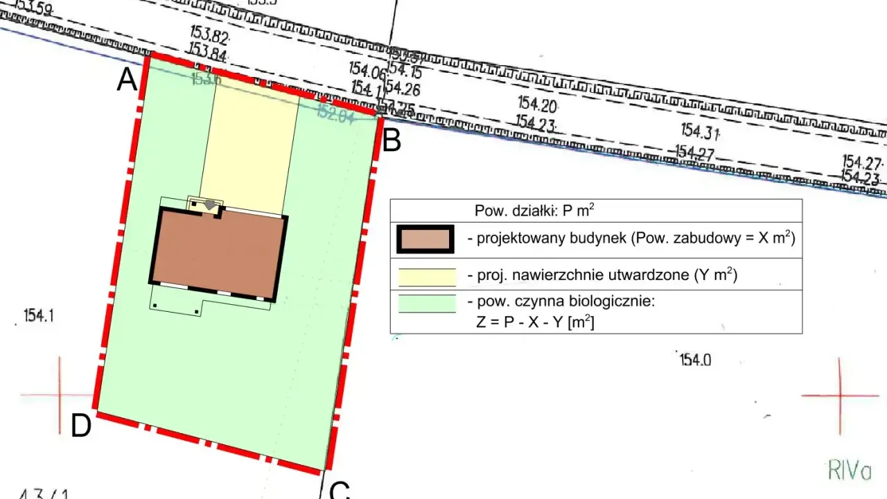 Plan sytuacyjny z zaznaczonym projektowanym budynkiem i legendą, wskazujący na przeniesienie warunków zabudowy.