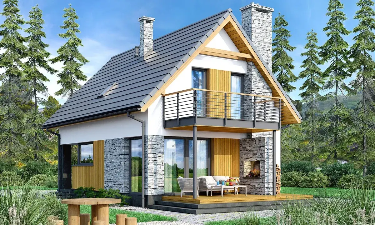 Nowoczesny projekt domu 70m2 z kamiennymi akcentami i drewnianym tarasem. Idealny na wypoczynek wśród zieleni.