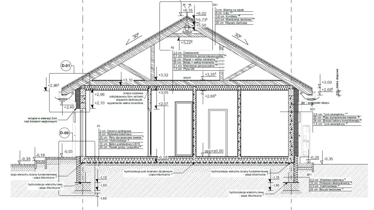 Przekrój poprzeczny budynku z detalami izolacji i konstrukcji. Projekt architektoniczno budowlany przedstawia warstwy ścian, dachu i fundamentów.