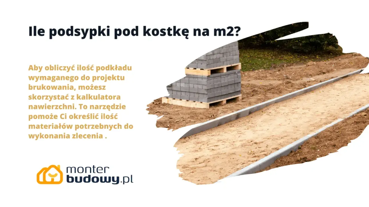 Słuchy beton pod kostkę proporcje: stosy kostki brukowej na paletach, przygotowany podkład piaskowy i obrzeża.
