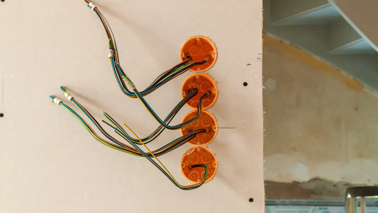Instalacja elektryczna w domu drewnianym schemat: przewody wychodzące z puszek instalacyjnych w ścianie z płyt gipsowo-kartonowych.