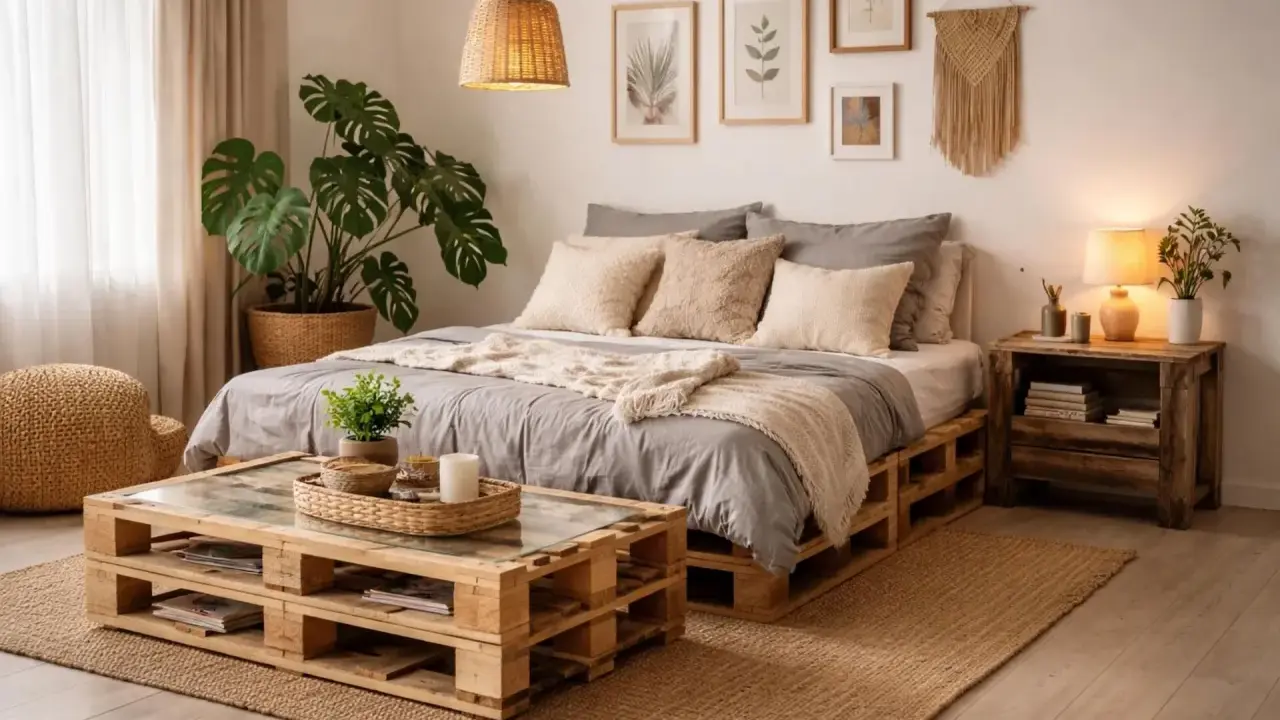 Przytulna sypialnia z łóżkiem na podeście z palet. W tle duża monstera, a na stoliku nocnym lampka.