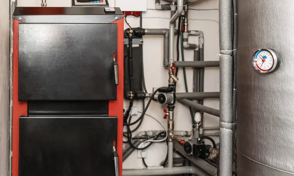 Kotłownia z piecem i skomplikowaną instalacją hydrauliczną. Widoczna wentylacja w kotłowni zapewnia prawidłowe działanie systemu.