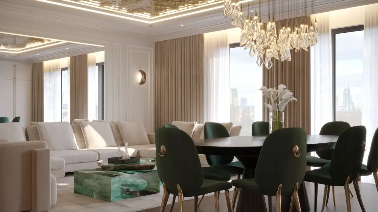 Elegancki salon z sofą i stołem, ale **sufit napinany wady** mogą być widoczne przy bliższym spojrzeniu na odbicia.