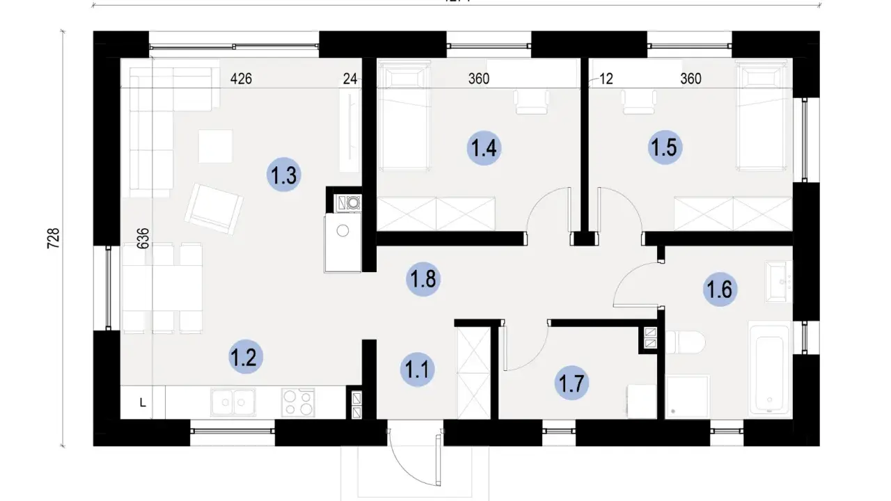Projekt domu 70m2 parterowy. Rzut parteru z salonem, kuchnią, 3 sypialniami, łazienką i przedpokojem.