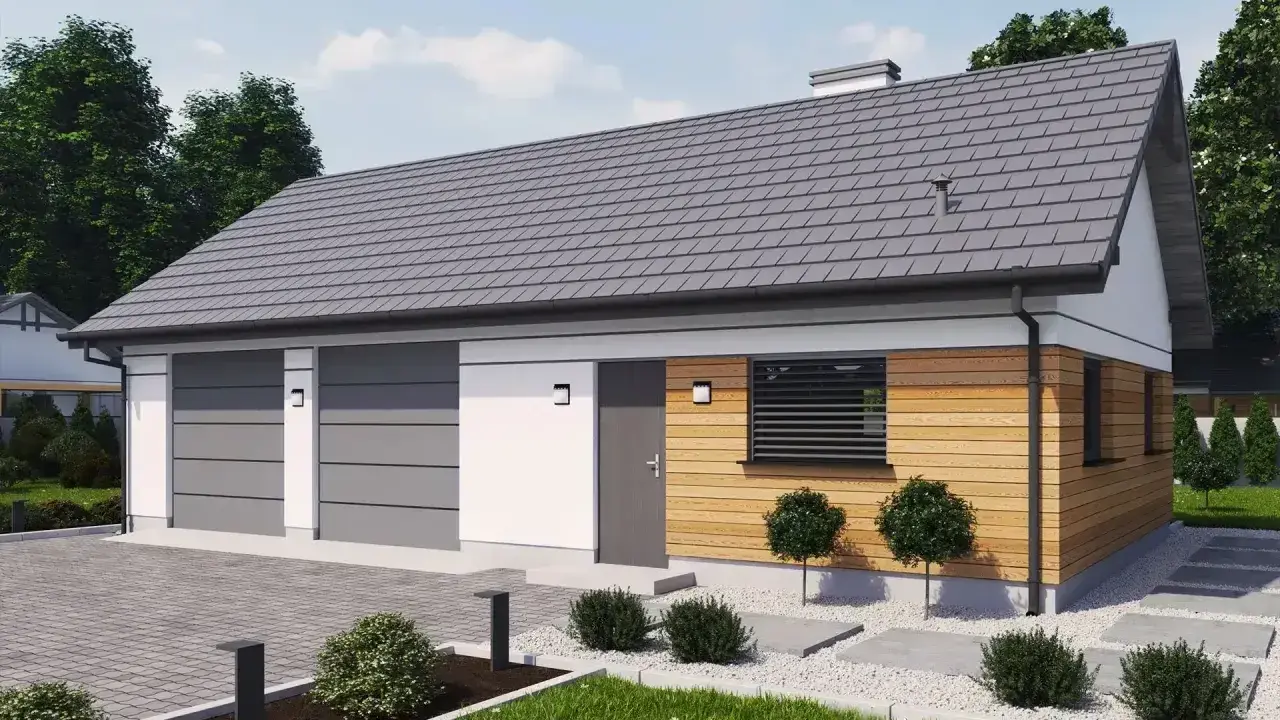 Nowoczesny projekt budynku gospodarczego z dwoma garażami, drewnianą elewacją i zadbanym ogrodem.