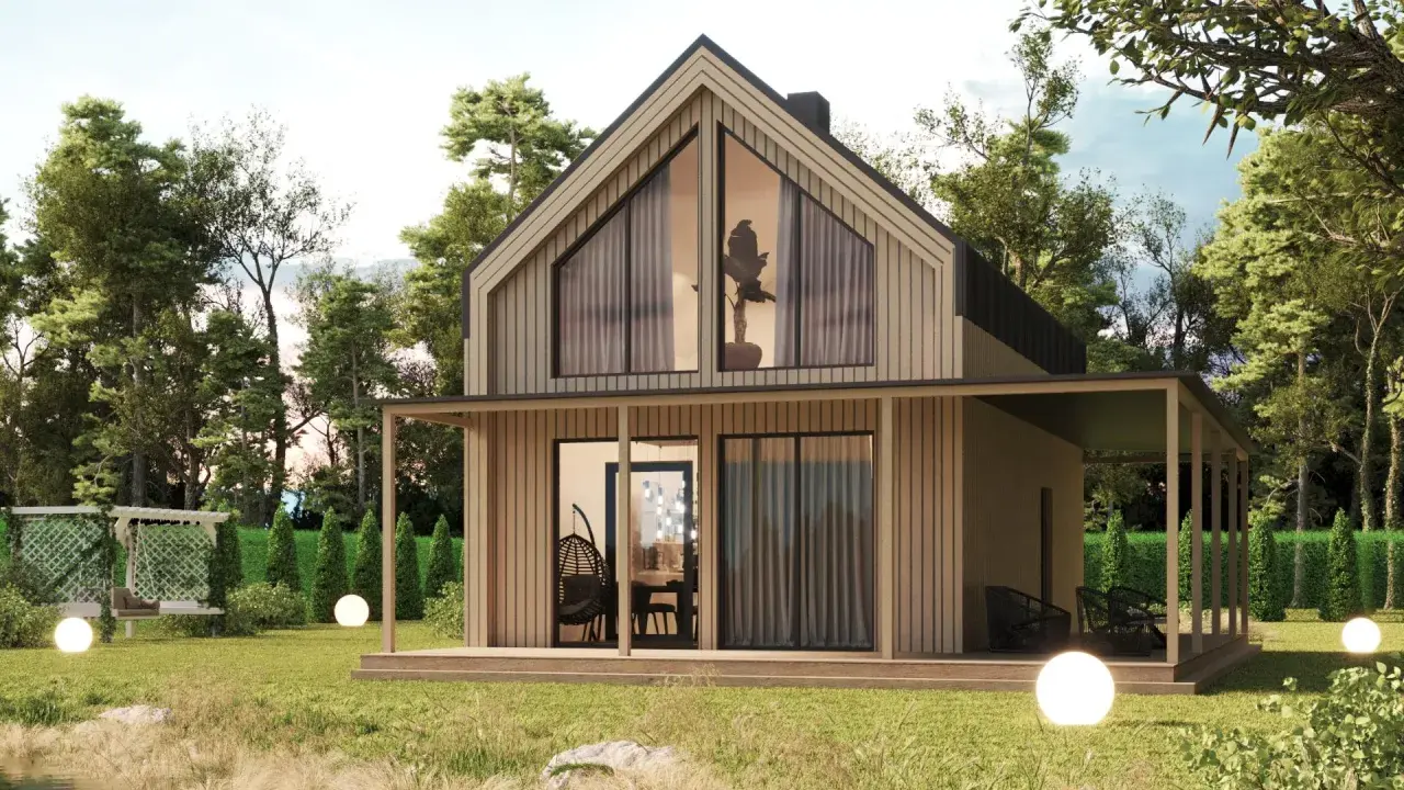 Nowoczesny dom szkieletowy 70m2 projekt w otoczeniu drzew. Jasna elewacja, duże okna, zadaszony taras.