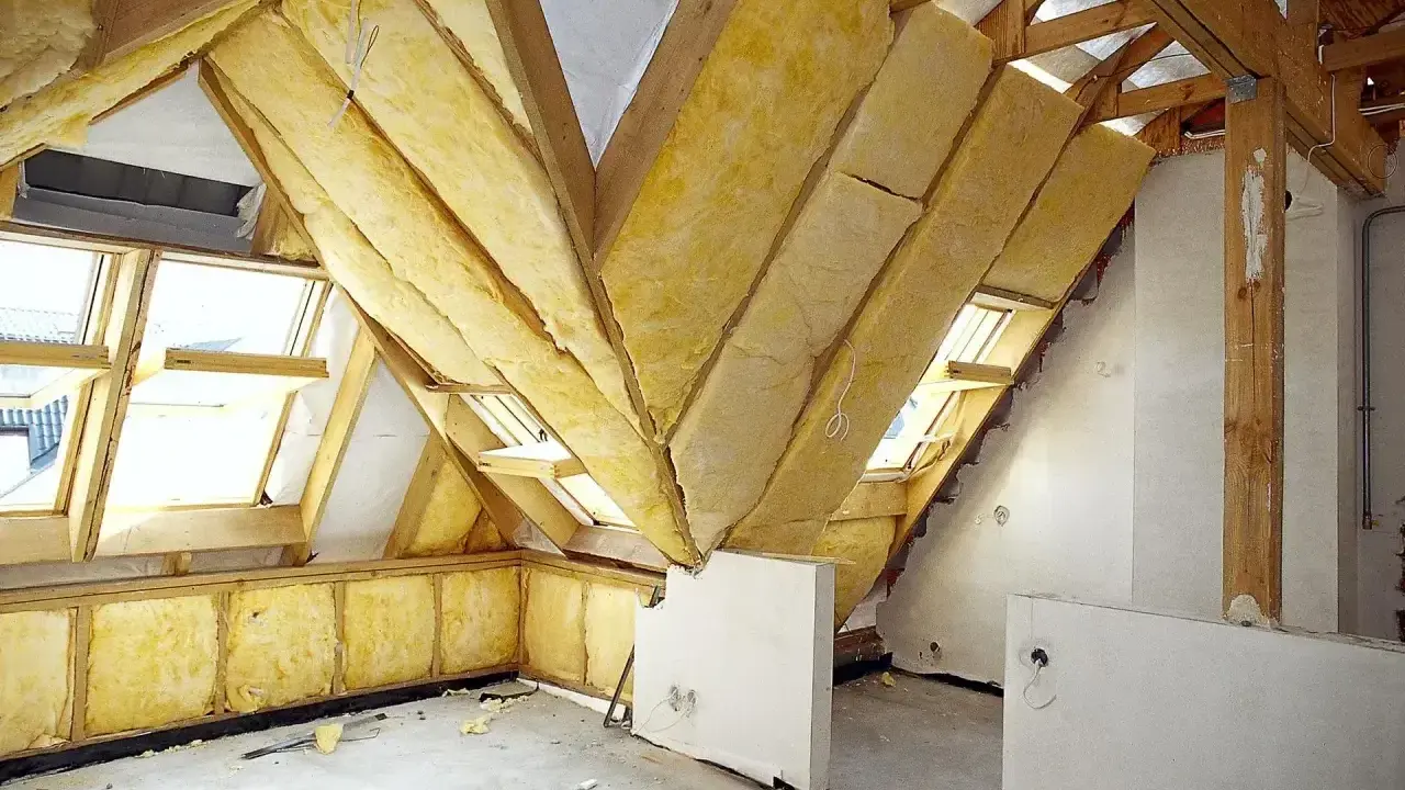 Widok na poddasze w trakcie prac. Drewniana konstrukcja dachu, okna dachowe i żółta wełna mineralna świadczą o postępie prac nad adaptacją poddasza. Projekt w toku.