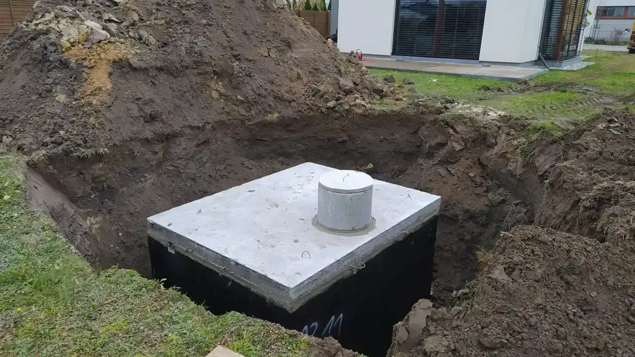 Na działce trwa montaż szamba. Betonowy zbiornik jest już częściowo zakopany w wykopie, otoczony ziemią.