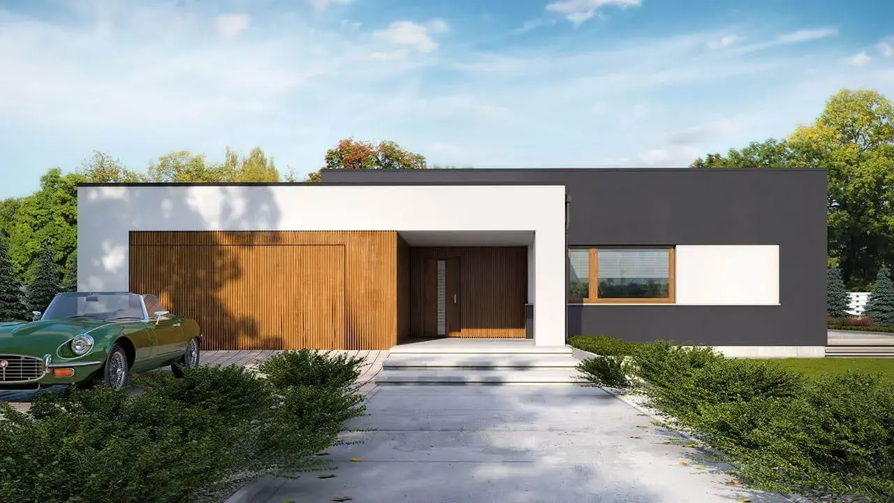 Nowoczesne projekty domów z płaskim dachem: minimalistyczna bryła, drewniana brama garażowa i stylowy zielony kabriolet.