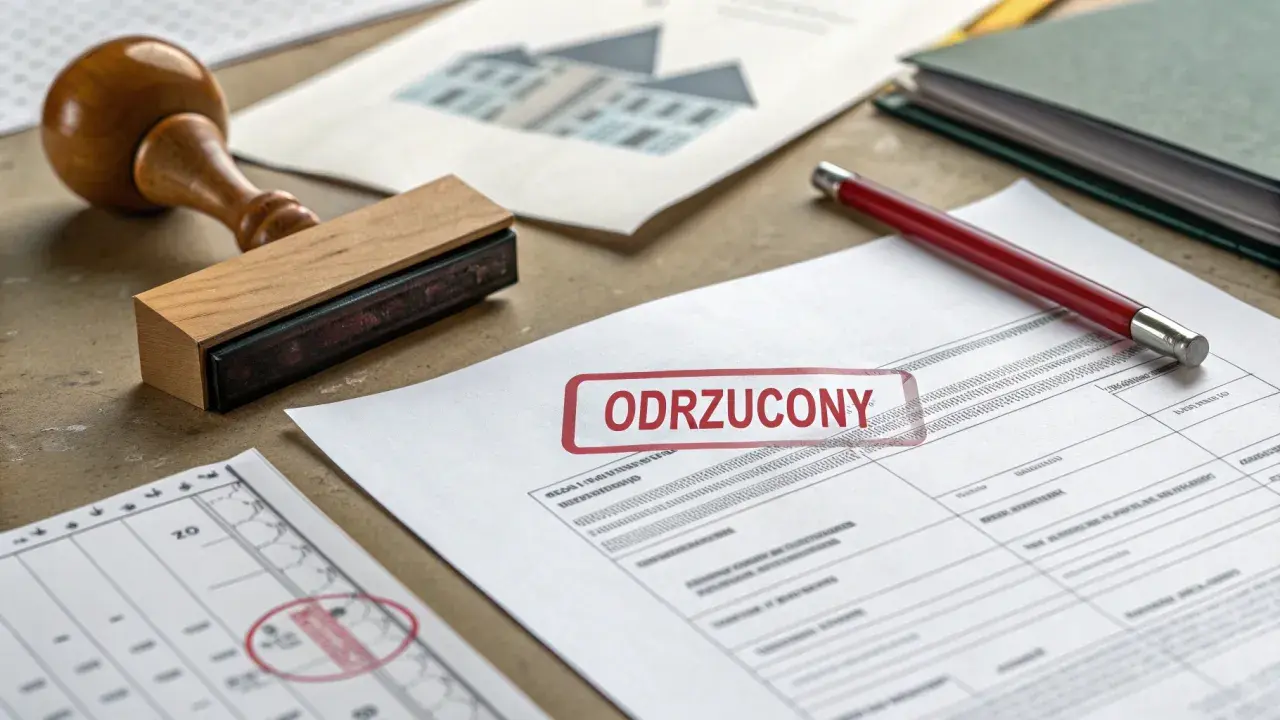 Stempel z napisem "ODRZUCONY" na dokumentach. Gdy zgłosić samowolę budowlaną, warto wiedzieć, jakie dokumenty mogą zostać odrzucone.