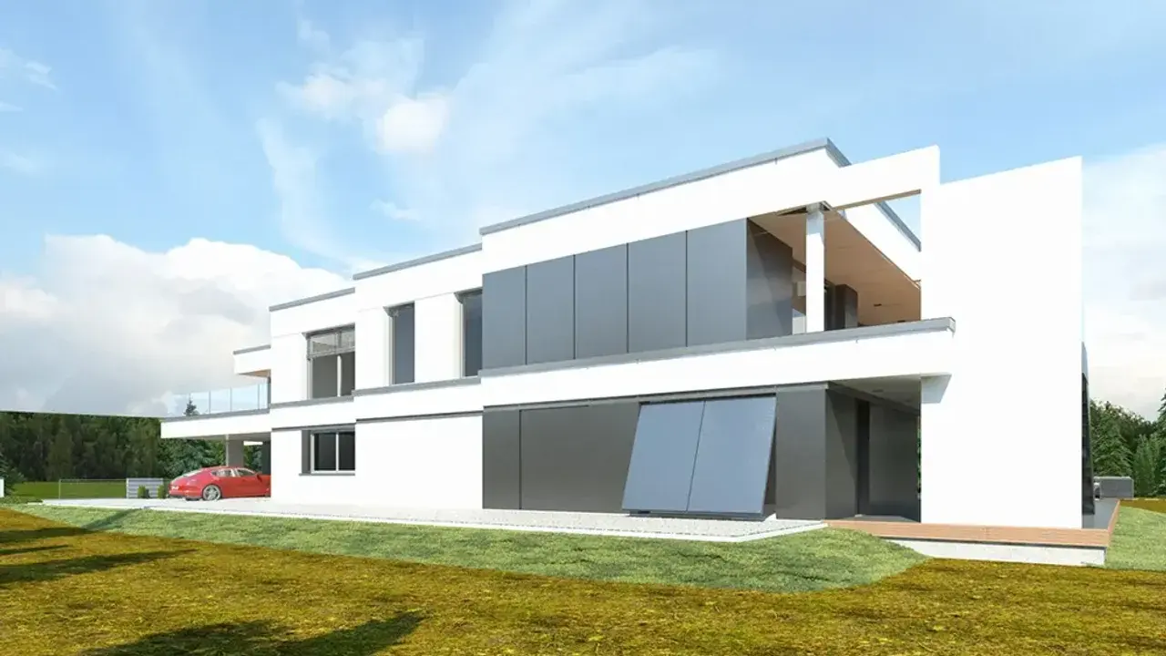 Nowoczesne projekty bliźniaków do 100m2. Biały dom z szarymi panelami, czerwony samochód pod wiatą.