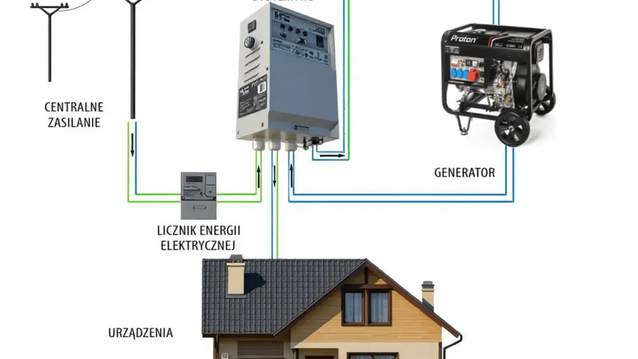 Schemat podłączenia agregatu do sieci domowej: zasilanie centralne, licznik energii, system ATS i generator zapewniają prąd dla urządzeń domowych.
