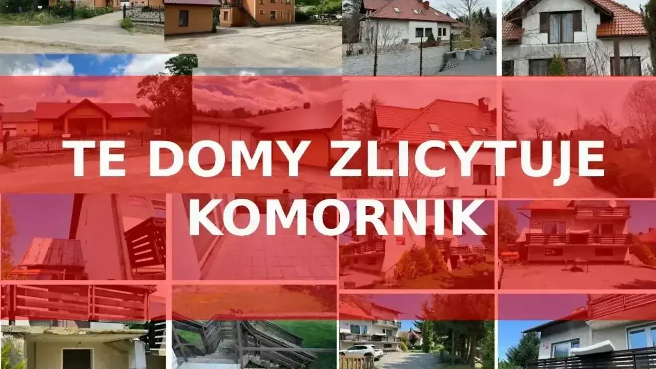Kolaż zdjęć domów, z napisem "TE DOMY ZLICYTOWUJE KOMORNIK". Okazja dla kupujących!