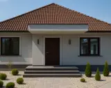 Nowoczesny dom z jasnymi kolorami elewacji, brązowym dachem i zadbanym ogrodem.