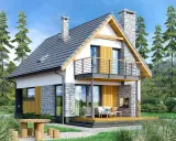 Nowoczesny projekt domu 70m2 z kamiennymi akcentami i drewnianym tarasem. Idealny na wypoczynek wśród zieleni.