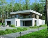 Nowoczesne domki jednorodzinne projekty w otoczeniu lasu. Biała bryła z drewnianymi elementami i przeszklonymi balkonami.