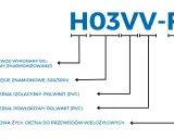 Oznaczenie prądu H03VV-F: przewód harmonizowany, 300/300V, izolacja i powłoka PVC, giętka żyła.