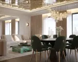 Elegancki salon z sofą i stołem, ale **sufit napinany wady** mogą być widoczne przy bliższym spojrzeniu na odbicia.