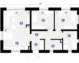 Projekt domu 70m2 parterowy. Rzut parteru z salonem, kuchnią, 3 sypialniami, łazienką i przedpokojem.