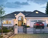 Elegancki dom dworek projekt z podjazdem, garażem i czerwonym Audi. Piękny ogród i kuta brama dodają uroku.