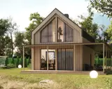 Nowoczesny dom szkieletowy 70m2 projekt w otoczeniu drzew. Jasna elewacja, duże okna, zadaszony taras.