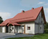 Nowoczesny dom z ceglastym dachem i szarą elewacją, otoczony zielenią.