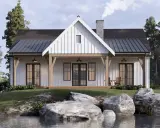 Urokliwe projekty domów parterowych w stylu rustykalnym, z kamiennym kominem i drewnianą werandą, nad jeziorem.