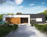 Nowoczesne projekty domów z płaskim dachem: minimalistyczna bryła, drewniana brama garażowa i stylowy zielony kabriolet.