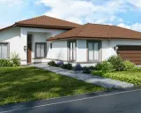 Nowoczesny dom parterowy z poddaszem, z brązowym dachem i białymi ścianami, otoczony zielenią.