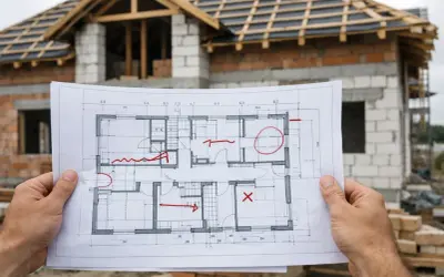 Plan domu z zaznaczonymi zmianami, zgodny z art. 36a prawa budowlanego, na tle budowy.