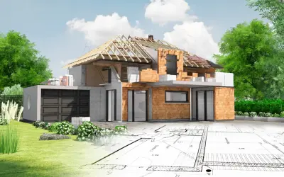 Wizualizacja domu w budowie na tle planów architektonicznych. Poznaj kupno działki krok po kroku.