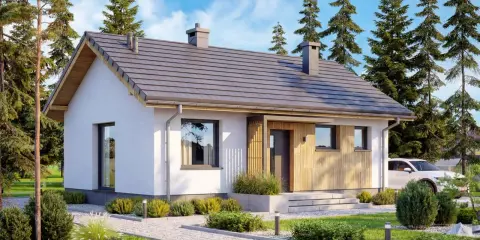 Nowoczesny dom do 70m2 bez pozwolenia projekt. Biała bryła z drewnianymi akcentami, otoczona zielenią i sosnami.