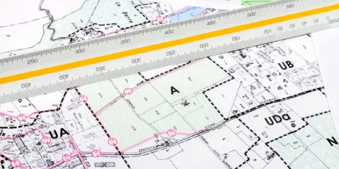 Plan zagospodarowania przestrzennego z naniesionymi strefami i podziałami. Linijka geodezyjna pomaga w precyzyjnym pomiarze.
