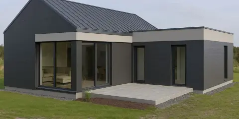 Nowoczesna dobudówka do starego domu, z dużymi przeszkleniami i grafitową elewacją. Projekty architektoniczne.