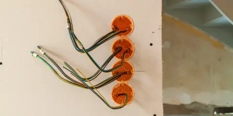 Instalacja elektryczna w domu drewnianym schemat: przewody wychodzące z puszek instalacyjnych w ścianie z płyt gipsowo-kartonowych.