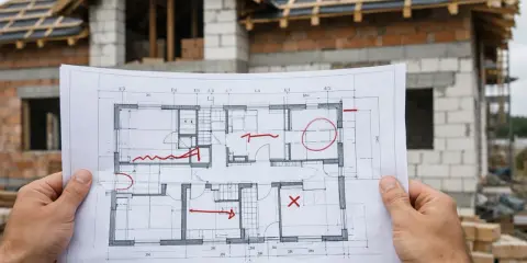 Plan domu z zaznaczonymi zmianami, zgodny z art. 36a prawa budowlanego, na tle budowy.