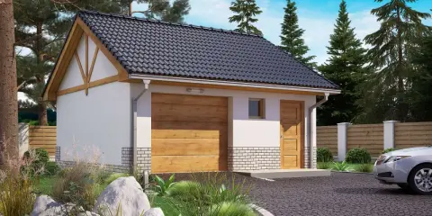 Nowoczesny garaż z pomieszczeniem gospodarczym, z drewnianą bramą i drzwiami, otoczony zielenią i drzewami.