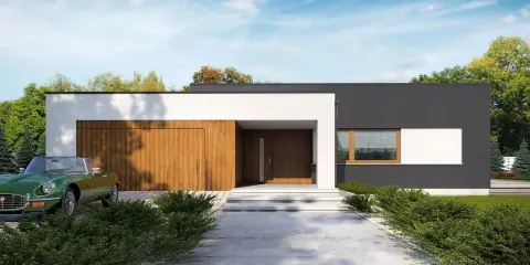 Nowoczesne projekty domów z płaskim dachem: minimalistyczna bryła, drewniana brama garażowa i stylowy zielony kabriolet.