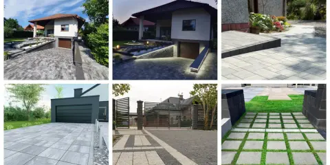 Nowoczesny podjazd do domu z kostki brukowej i zieleni. Eleganckie rozwiązania dla Twojej posesji.