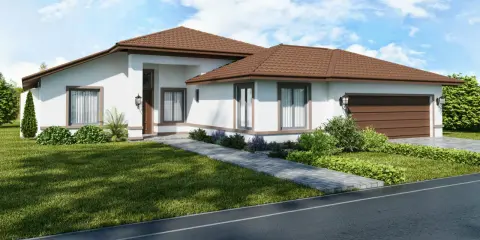 Nowoczesny dom parterowy z poddaszem, z brązowym dachem i białymi ścianami, otoczony zielenią.