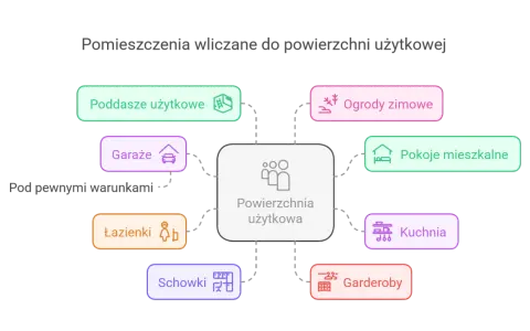 Diagram pokazuje, które pomieszczenia wliczają się do powierzchni użytkowej. Czy garaż wlicza się do powierzchni użytkowej? Tak, pod pewnymi warunkami.