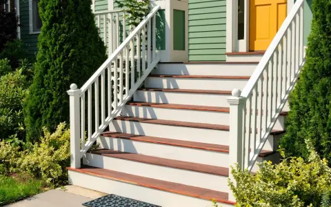 Eleganckie schody zewnętrzne z białymi balustradami i drewnianymi stopniami. Inspiracje na schody zewnętrzne, które dodadzą uroku każdemu domowi.