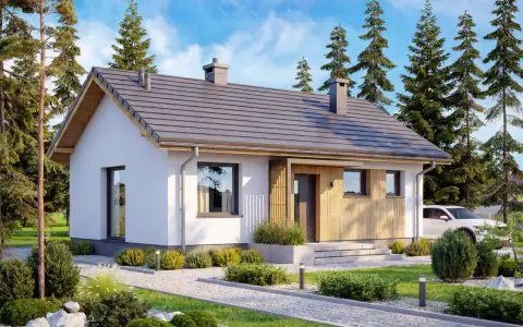 Nowoczesny dom do 70m2 bez pozwolenia projekt. Biała bryła z drewnianymi akcentami, otoczona zielenią i sosnami.